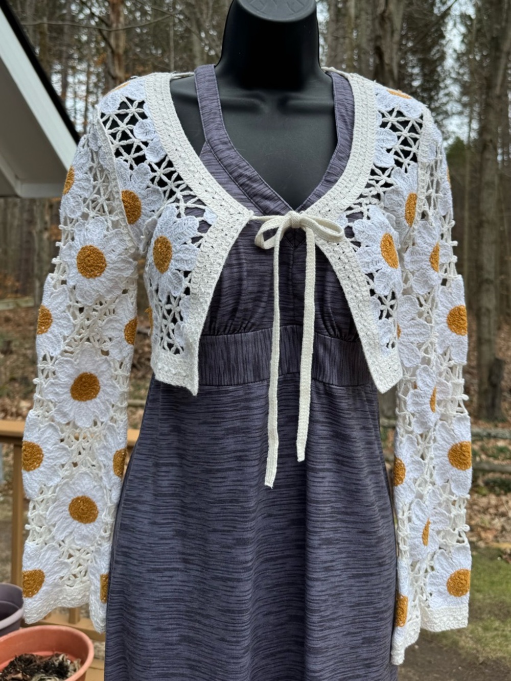 moon & madison White Crochet Daisy Tie-Front Shrug with Mustard Accents